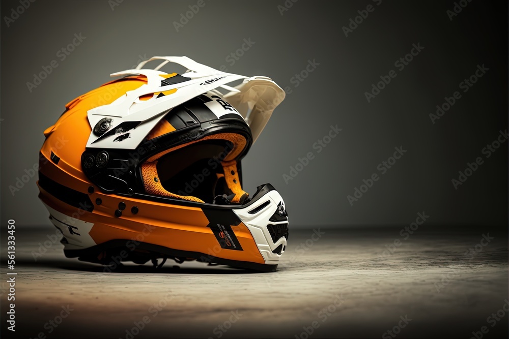 Poster a helmet is shown on a table with a dark background and a light reflection on the ground behind it, 