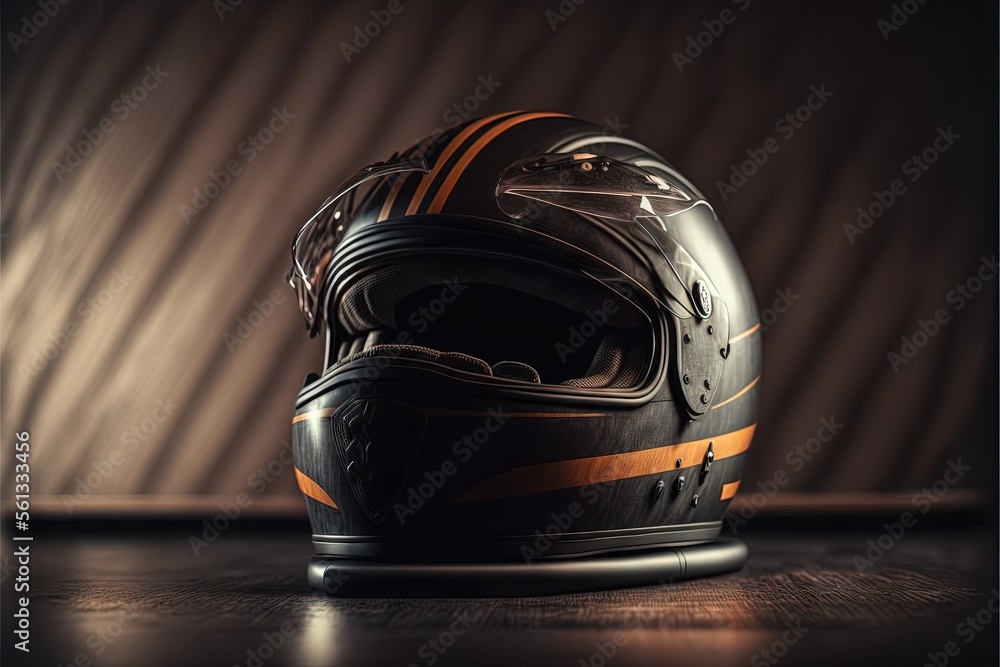 Poster a helmet is sitting on a wooden table with a striped background behind it and a wall behind it that 