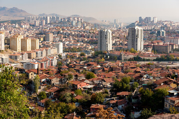 Fototapeta na wymiar Panoramic view of modern houses, apartment blocks and traditional buildings in the Turkish capital city of Ankara. .
