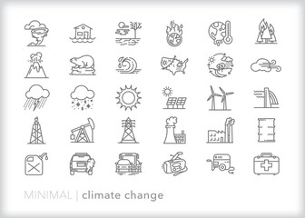 Set of climate change line icons of themes that are related to raising temperatures, increased pollution and carbon dioxide, and the human impact