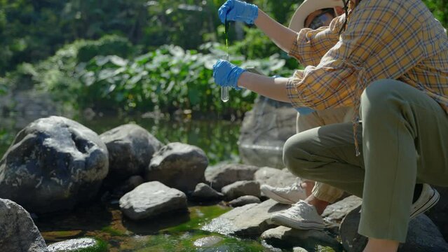 Biologist collecting natural water samples for research, environmental conservation concept, research, nature, carbon foot print, green
