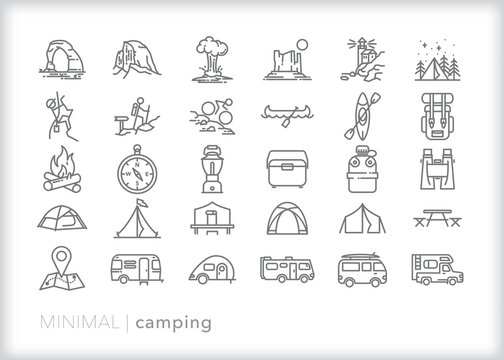 Set of camping line icons of activities, places, and items for spending time in the great outdoors while camping, on holiday, or on vacation