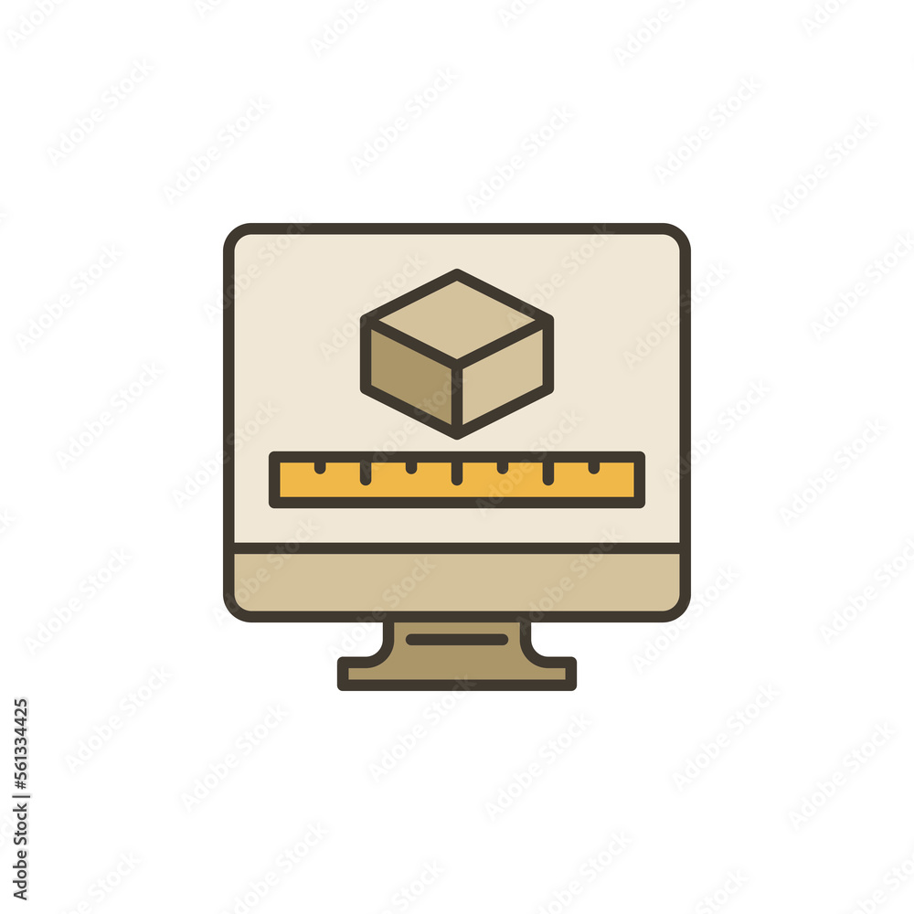 Poster pc screen with 3d cube and ruler vector concept colored icon
