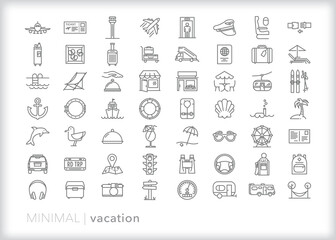 Set of vacation line icons of things, places and activities to enjoy a holiday traveling or sightseeing