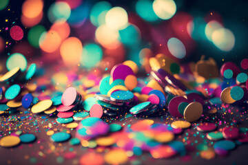 Colorful confetti during carnival season. Generative AI. - obrazy, fototapety, plakaty