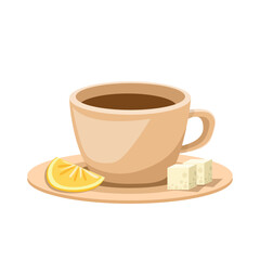 ceramic cup and saucer with black tea and lyson and sugar inside vector illustration isolated on white background. hot black tea vector