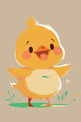 Cute adorable duckling artwork. Vector art of happy young little duck. Hand drawn art of small bird. Yellow feathers. Cartoon doodle of smiling animal. Poster of fun farming kid. Newborn bathing.