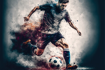 Fototapeta Soccer players in action, dynamic image with grunge, splash look, Generative Ai obraz