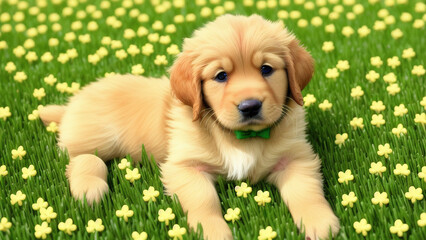 Green Bow Tie Golden Retriever Puppy on Grass, generative AI
