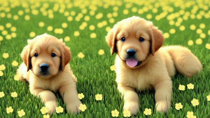 Golden Retriever Puppies on Grass, generative AI