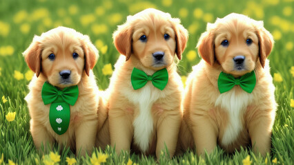 Green Bow Tie Golden Retriever Puppies on Grass, generative AI