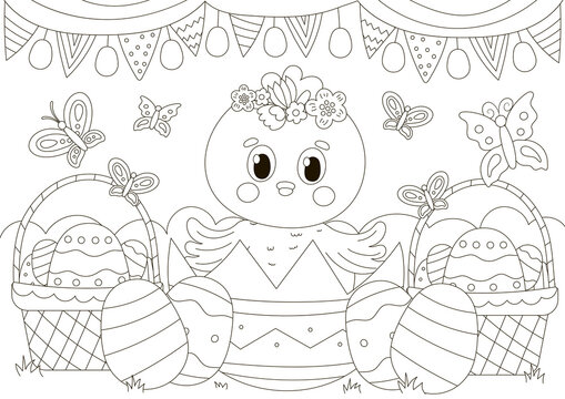 Cute coloring page for easter holidays with chick character in egg shell and baskets with eggs and flowers