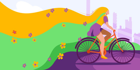 Fototapeta premium A beautiful girl in a dress rides a bicycle with a basket of flowers on the background of the city. Illustration on the theme of spring and bicycles. Horizontal banner template.