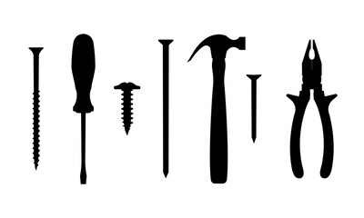 Silhouettes of working tools. Screwdriver, pliers, hammer, nails, self-tapping screws. Black silhouettes on white transparent background.
