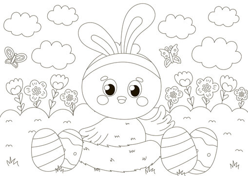 Cute coloring page for easter holidays with chick character iwaving wing and flowers in scandinavian style