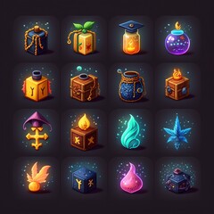 set of UI icons, illustration of a collection of colorful user interface assets for mobile apps or video games, including amusing animals, elements, magic, weapons, and buttons