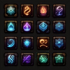 set of buttons, Collection of colorful user interface elements for mobile apps or video games, including amusing creatures, elements, magic, and buttons.