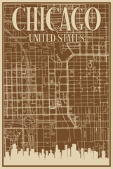 Brown hand-drawn framed poster of the downtown CHICAGO, UNITED STATES OF AMERICA with highlighted vintage city skyline and lettering