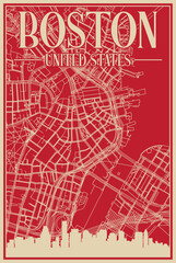 Red hand-drawn framed poster of the downtown BOSTON, UNITED STATES OF AMERICA with highlighted vintage city skyline and lettering