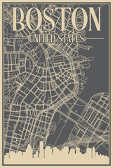 Grey hand-drawn framed poster of the downtown BOSTON, UNITED STATES OF AMERICA with highlighted vintage city skyline and lettering