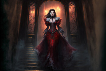 Vampire woman walking down steps AI generative