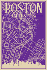 Purple hand-drawn framed poster of the downtown BOSTON, UNITED STATES OF AMERICA with highlighted vintage city skyline and lettering