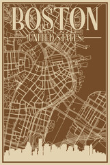 Brown hand-drawn framed poster of the downtown BOSTON, UNITED STATES OF AMERICA with highlighted vintage city skyline and lettering