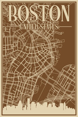 Obraz premium Brown hand-drawn framed poster of the downtown BOSTON, UNITED STATES OF AMERICA with highlighted vintage city skyline and lettering
