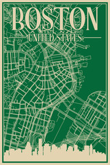 Green hand-drawn framed poster of the downtown BOSTON, UNITED STATES OF AMERICA with highlighted vintage city skyline and lettering