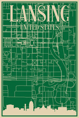 Green hand-drawn framed poster of the downtown LANSING, UNITED STATES OF AMERICA with highlighted vintage city skyline and lettering