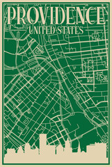 Green hand-drawn framed poster of the downtown PROVIDENCE, UNITED STATES OF AMERICA with highlighted vintage city skyline and lettering
