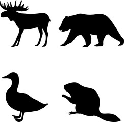 Silhouettes of forest animals deer bear and duck with beaver.