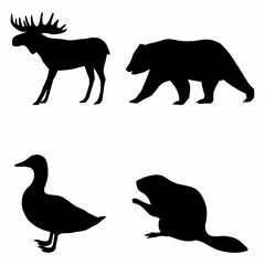 Silhouettes of forest animals deer bear and duck with beaver.