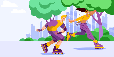 The characters rollerblade in a park against the backdrop of a modern city. Horizontal banner in a flat style on the theme of spring sports.