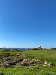 Green meadow on the coast of the sea. Lime stone. White houses in the background. February 2022, Cyprus.