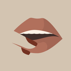 Vector square illustration of young woman red lips and fingers. Collection of woman lips