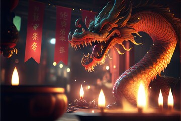 Fototapeta premium Lunar Chinese New Year Celebration Rabbit Firecrackers Lanterns Dragon Dance Background Image