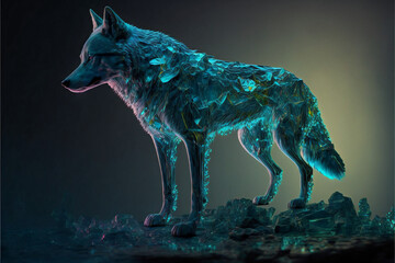a statue of an ice wolf standing on a rock, generated by generative ai