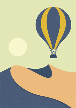 Air balloon in desert sky, sunny dunes illustration poster. Cappadocia hot air balloon flight