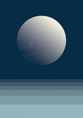 Night sea and moon minimalist aesthetic illustration poster. Abstract ocean wave