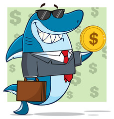 Smiling Business Shark Cartoon Mascot Character In Suit, Carrying A Briefcase And Holding A Golden Dollar Coin. Hand Drawn Illustration Isolated On Transparent Background