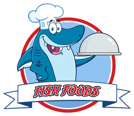 Chef Blue Shark Cartoon Mascot Character Holding A Platter Over A Ribbon Banner. Hand Drawn Illustration Isolated On Transparent Background
