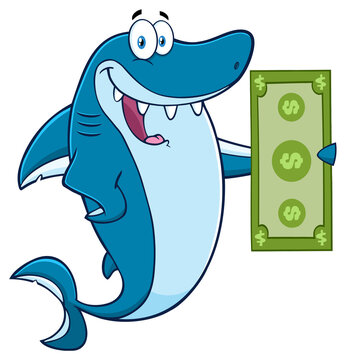 Happy Shark Cartoon Mascot Character Holding A Dollar Bill. Hand Drawn Illustration Isolated On Transparent Background