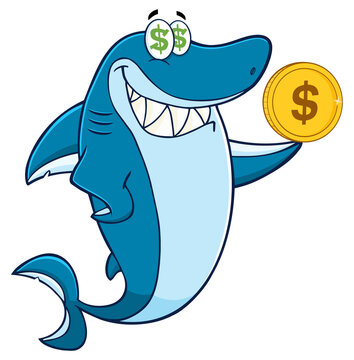 Greedy Shark Cartoon Mascot Character Holding A Golden Dollar Coin. Hand Drawn Illustration Isolated On Transparent Background