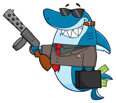 Smiling Shark Gangster Cartoon Mascot Character Carrying A Briefcase Holding A Big Gun And Smoking A Cigar. Hand Drawn Illustration Isolated On Transparent Background