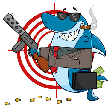 Smiling Shark Mobster Cartoon Mascot Character Carrying A Briefcase Holding Holding A Submachine Gun In Front Of A Target. Hand Drawn Illustration Isolated On Transparent Background
