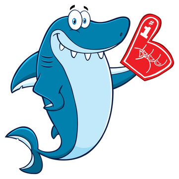 Cute Blue Shark Cartoon Mascot Character Wearing A Foam Finger. Hand Drawn Illustration Isolated On Transparent Background