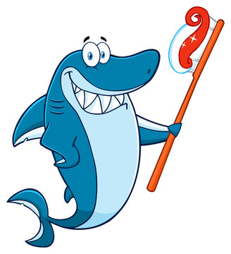 Smiling Blue Shark Cartoon Mascot Character Holding A Toothbrush With Paste. Hand Drawn Illustration Isolated On Transparent Background