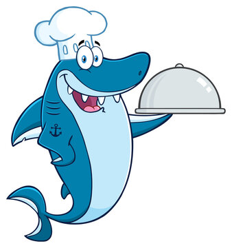 Chef Blue Shark Cartoon Mascot Character Holding A Platter. Hand Drawn Illustration Isolated On Transparent Background