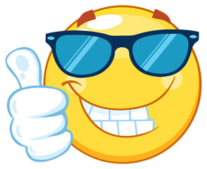 Smiling Yellow Emoticon Cartoon Mascot Character With Sunglasses Giving A Thumb Up. Hand Drawn Illustration Isolated On Transparent Background